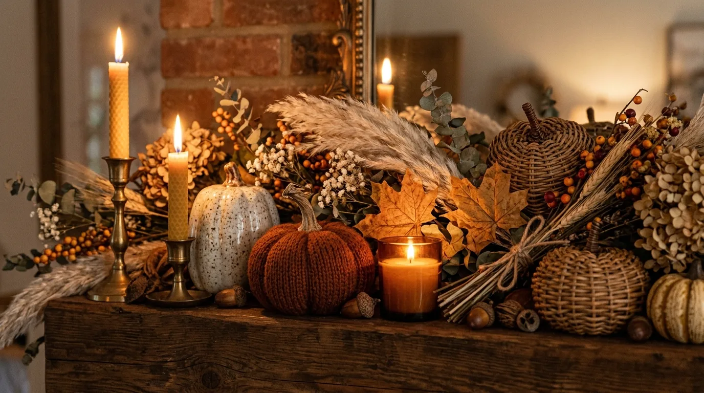 Mix natural textures to make the mantel feel richer inspiration for a fall mantel display.